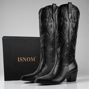 ISNOM Western Knee High Boots Embroidered Block Heel Black US 6.5 New with Box